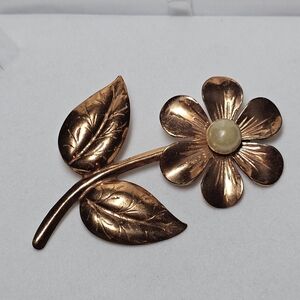 Copper Flower Brooch with Faux Pearl Center